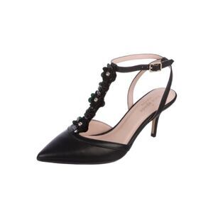 Kate Spade Jayme Floral Beaded T-Strap Kitten Heel Pumps Black Leather Heels 7.5